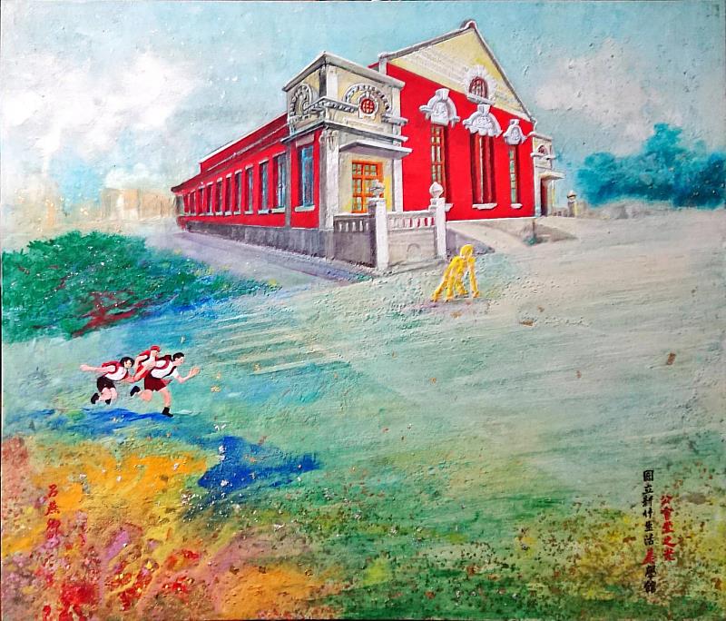 國立清華大學藝術與設計系兼任教授呂燕卿礦岩膠彩創作「公會堂之光」(新竹市美術協會提供)