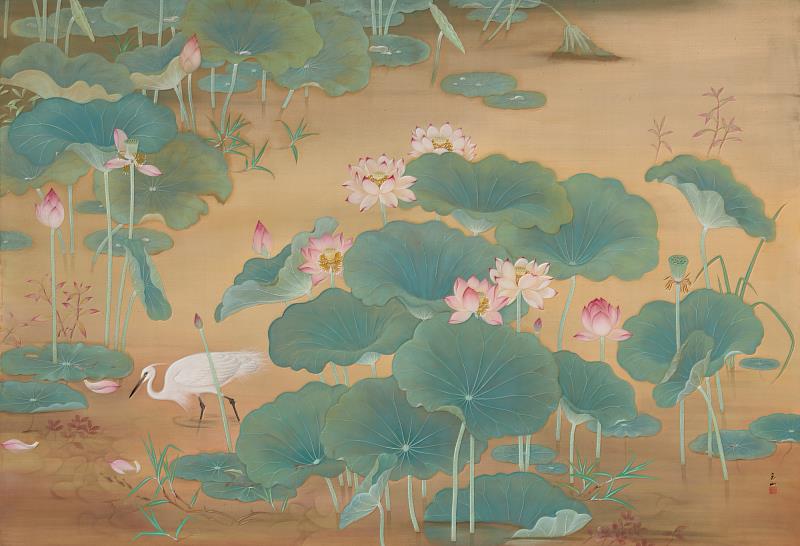 林玉山，〈蓮池〉，1930，膠彩、絹，146.4_x_215.2公分，國立臺灣美術館典藏。