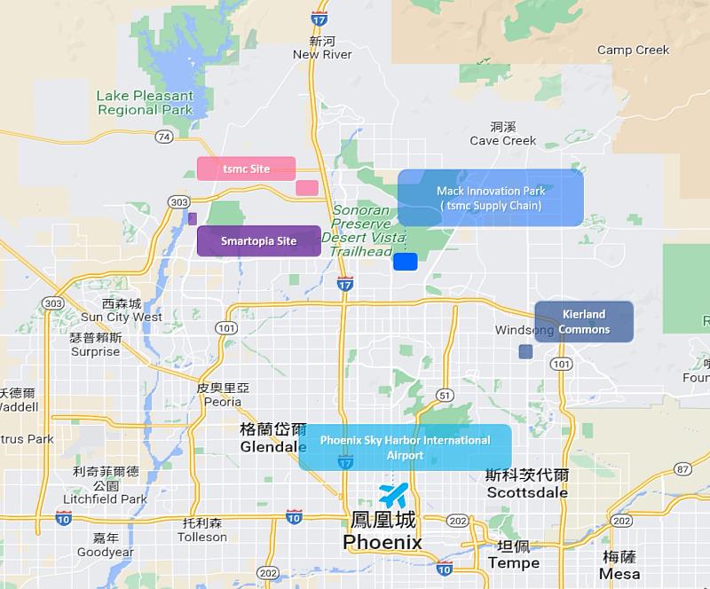 圖說：「智慧烏托邦(Smartopia)」社區開發案（紫色位置）位於皮奧里亞市 (Peoria City) ，距離台積電廠區（粉紅色位置）僅10分鐘、離鳳凰城市中心也僅40分鐘車程。圖／宇智提供