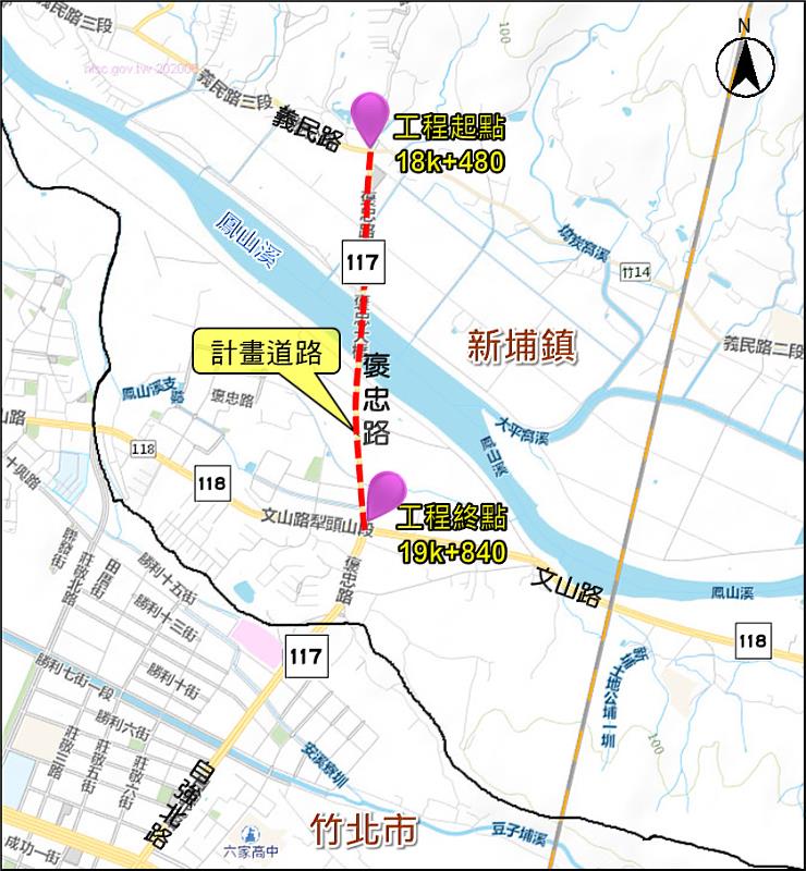 新埔褒忠路拓寬道路改善長度約1,360公尺，計畫路寬為18公尺