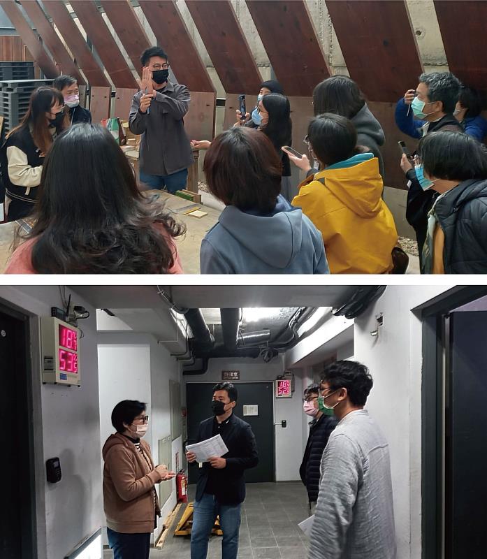 2羅又睿老師(上圖)向學員解說木雕工具。三義木雕博物館館員向王新衡老師、鄭明水老師及周志明老師(下圖由左至右)說明館內典藏庫房。