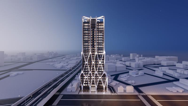 「國王雙子星」鑽石王冠建築立面，呼應一條斑馬線之隔的台北雙子星前衛當代的建築線條與地標價值，圖為建築外觀3D示意圖。