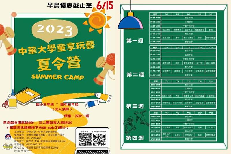 「中華大學童享玩藝夏令營」每梯次滿班只招收30人，儘早報名還可享有最高折價1500元的早鳥優惠。