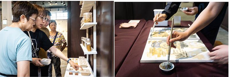 泥土展示區近距離觸碰感受材料質感，也可使用泥土調製的顏料體驗繪畫。