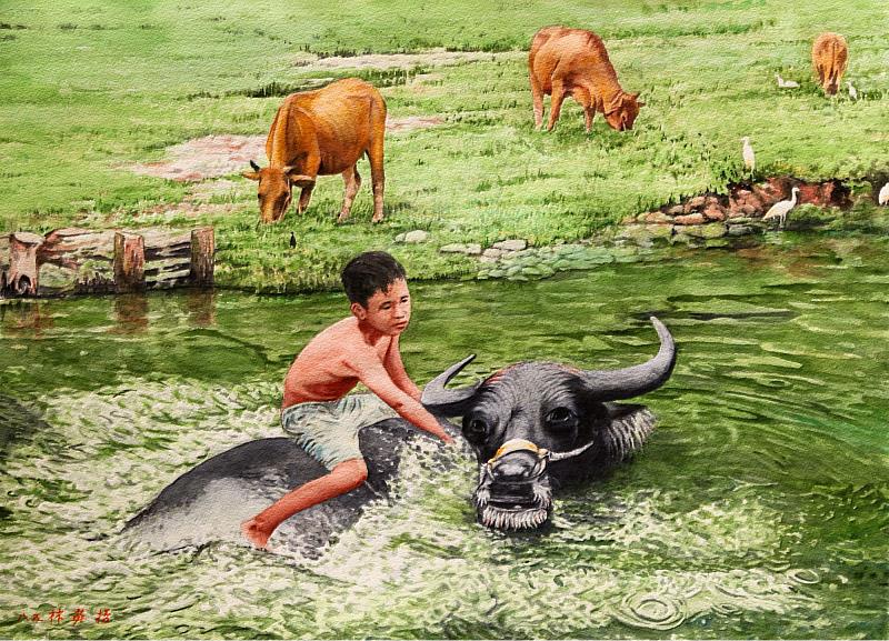 林英哲用水彩描繪牧童與牛