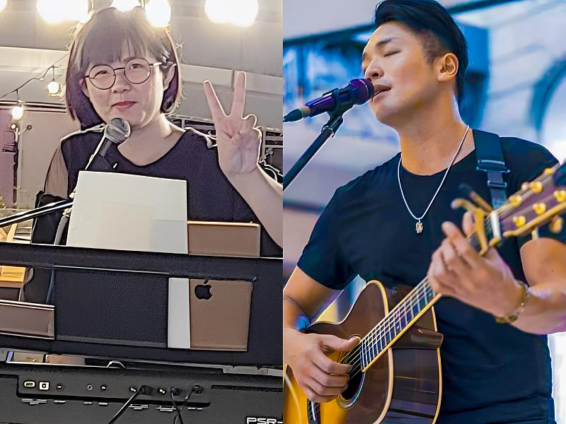 《戶外廣場表演》音樂餐廳駐場歌手—多多(左)，富邦金控品牌曲演唱人—王振鴻