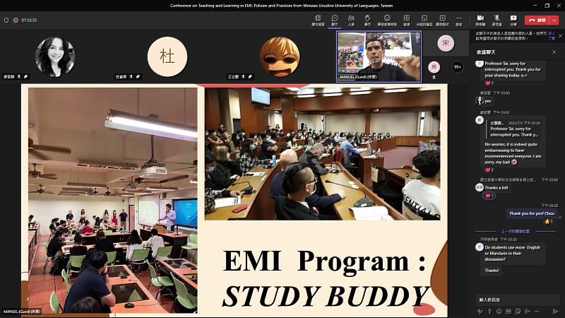 文藻外語大學西班牙籍學生王博分享文藻推行的「Study Buddy Program」，讓學生從互動中學習反思及解決問題，有效縮短不同學生的英文能力差距。