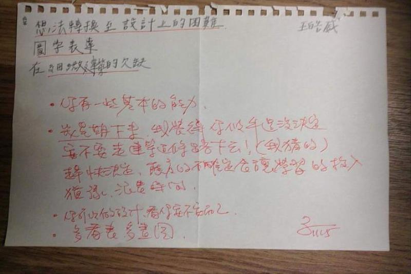 王皓威至今仍留有蔡新日老師寫給他的紙條，讓他始終感念在心，並時刻提醒自己要繼續堅持下去。（王皓威提供）