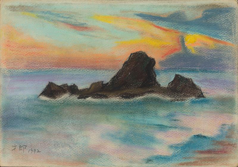 〈蘭嶼黃昏的軍艦島〉1972_粉彩、畫紙，27_x_38.5_公分，藝術家提供