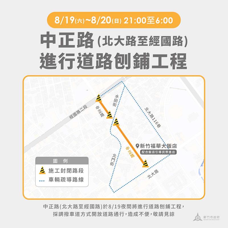 中正路（北大路至經國路）8月19日晚間21時至次日早上6時進行道路刨鋪工程公告。