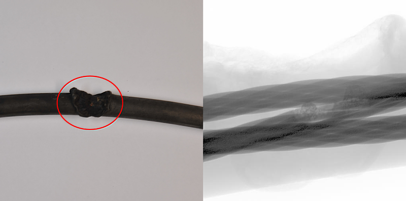 使用X光檢驗機鑑定，電線絕緣被覆內的短路熔痕清晰可見。