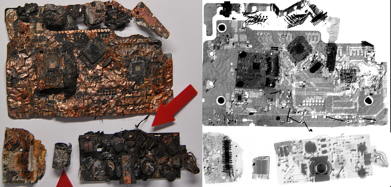 使用X光檢驗機鑑定，燒熔主機板晶片及線路清晰可見。