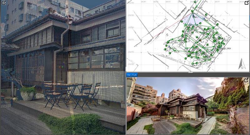 透過專業軟體將3D點雲掃描所收集到光點資訊與360度拍攝到的影像進行資料套疊、算圖後，產生空間尺寸高度精準的點雲掃描模型。