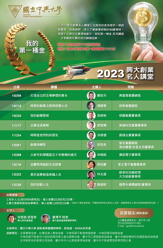 中興大學成功企業家名人講堂「我的第一桶金」 即日起開放報名