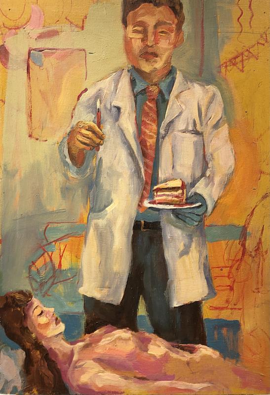 圖三：《重生日快樂》（Birthday 2.0）象徵王虹懿手術時如同蛋糕被切下一塊，也是開啟她藝術生涯的第一幅畫。（王虹懿提供）