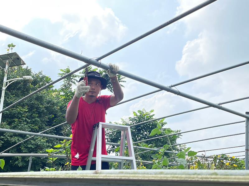 馬查拉漢堡美式餐車劉祐權老闆，帶著工具爬上高1層樓的棚架進行拆卸