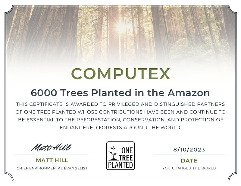 COMPUTEX攜手One Tree Planted於亞馬遜種植6,000棵樹證明。