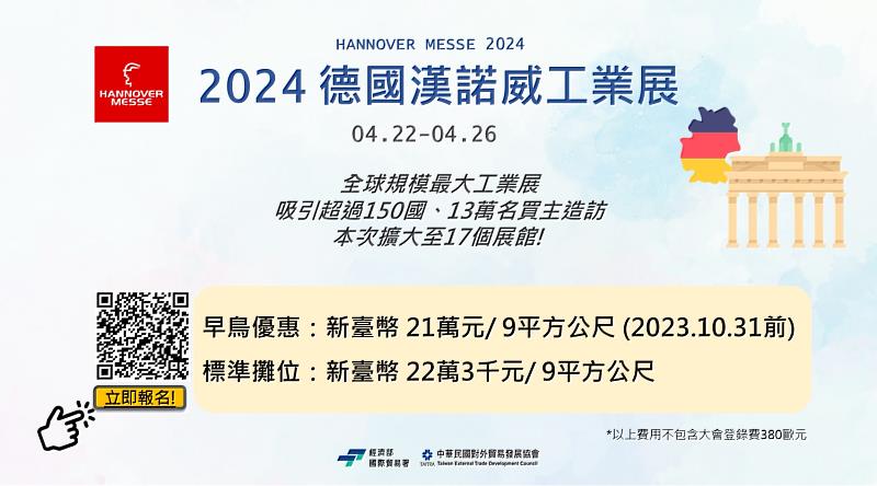 「2024德國漢諾威工業展」 貿協參展團10月31日前報名享早鳥優惠。