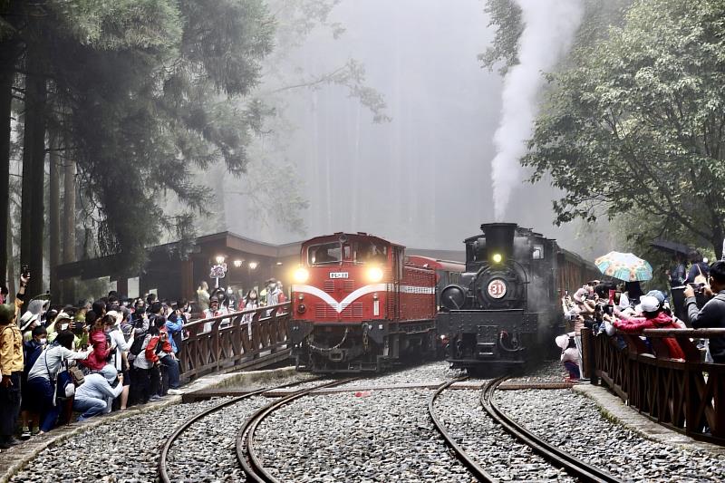 千載難逢的蒸汽與柴油機關車於神木車站前同框(林業保育署提供)