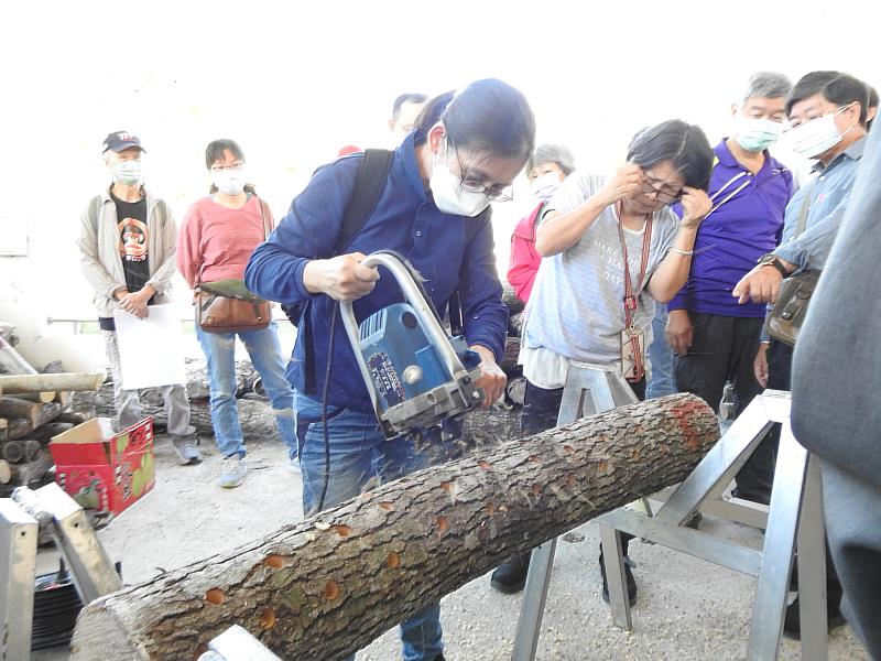 農業部林業及自然保育署花蓮分署在南華林業園區舉辦培植段木香菇與黑木耳的體驗活動，參與學員正在體驗鑽孔。