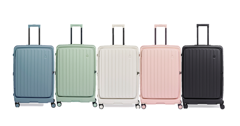 新品巴塞隆納系列行李箱，由左至右為海岸藍／莊園綠／貝殼白／夢幻粉／夜幕黑，尺寸有20吋及28吋。圖／ Acer Gadget 提供