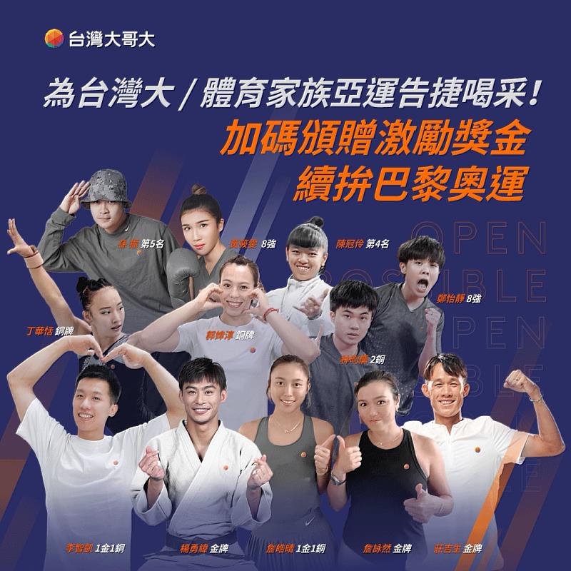 圖三：台灣大體育家族參賽杭州亞運，勇奪10面獎牌，台灣大頒贈激勵獎金，鼓勵選手繼續朝巴黎奧運前進。