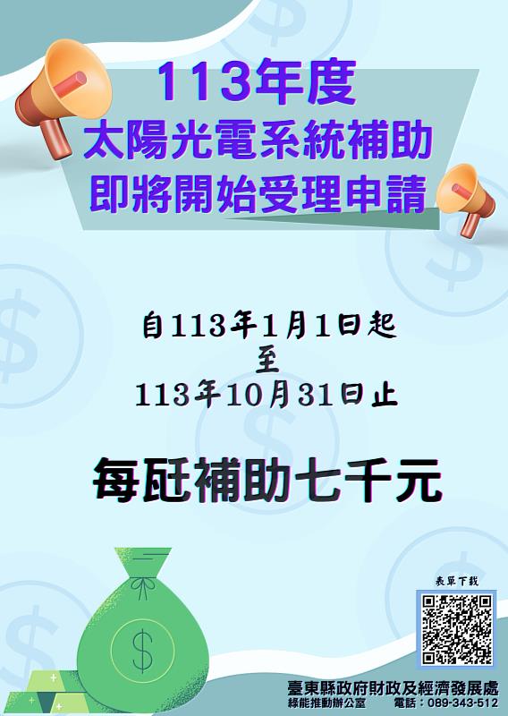 台東縣113年度屋頂設置太陽能系統補助 元旦開始受理 最高10萬 請踴躍申請