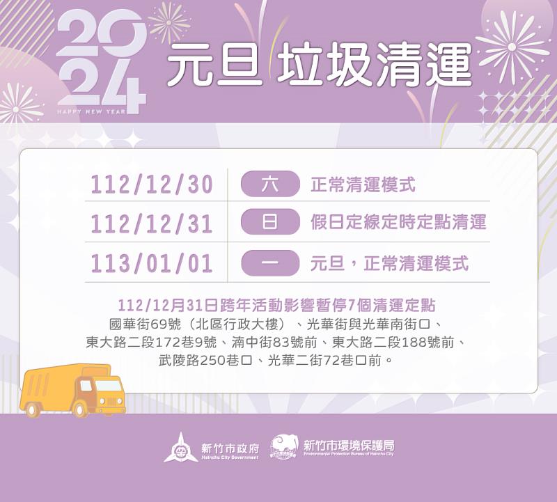 元旦假期竹市垃圾清運不打烊！ 12/31採定線定時定點收運