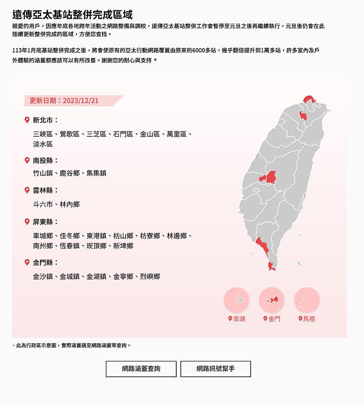 遠傳於12.15日正式合併亞太電信，至明年1月底前將分區陸續完成第一階段的基站整併工作，每一區域整併完成後，遠傳除了會發簡訊通知該區域用戶，更在官網「遠亞合併專區」揭露基站整併區域地圖，方便用戶隨時查找、瞭解最新進度，公開透明的溝通方式，獲網友好評。