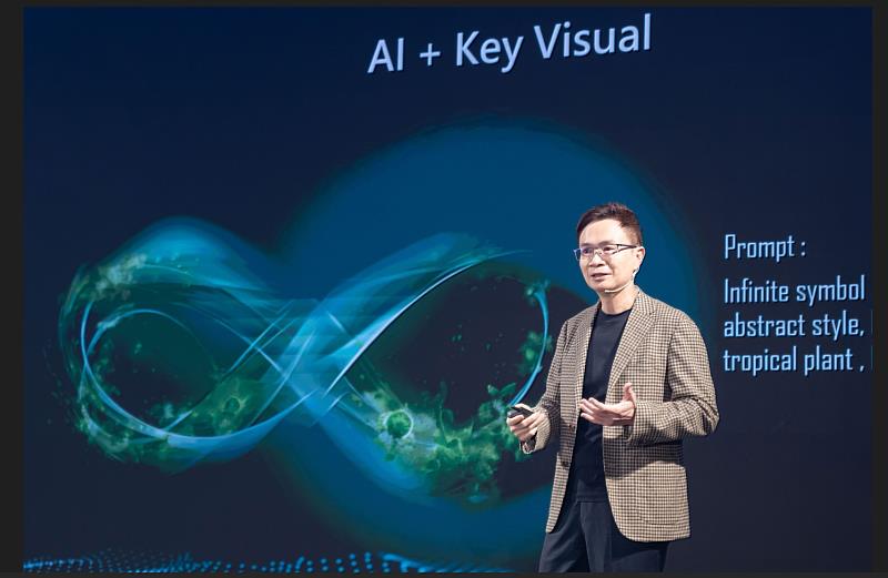 2024貿協年度記者會主視覺以人與AI協作方式完成，代表數位及綠色雙軸轉型時代來臨。(貿協提供)
