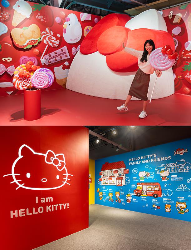 (上圖)超巨大Hello Kitty立體裝置拍照區(下圖)「誕生故事區」帶大家再次認識經典三麗鷗大明星Hello Kitty