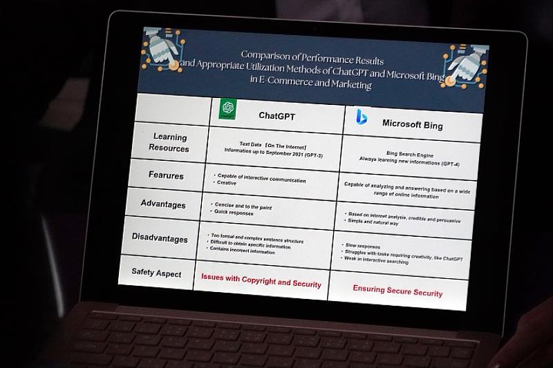 圖／應智學系日籍生以「電子商務與AI之行銷應用」為主題與團隊分析時下生成式AI軟體chat gpt和microsoft bing差別，獲得評審肯定。