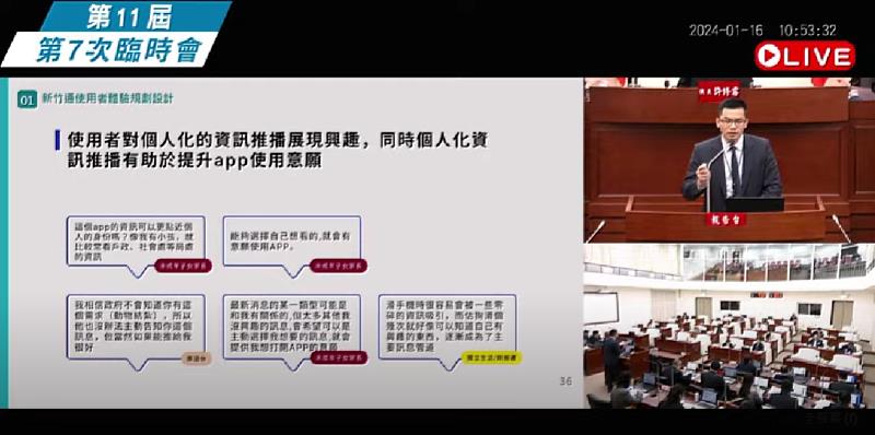 圖2 新竹市議會今日召開臨時會，由竹市府行政處長吳皇昇進行「新竹通整合服務規劃 」專案報告。