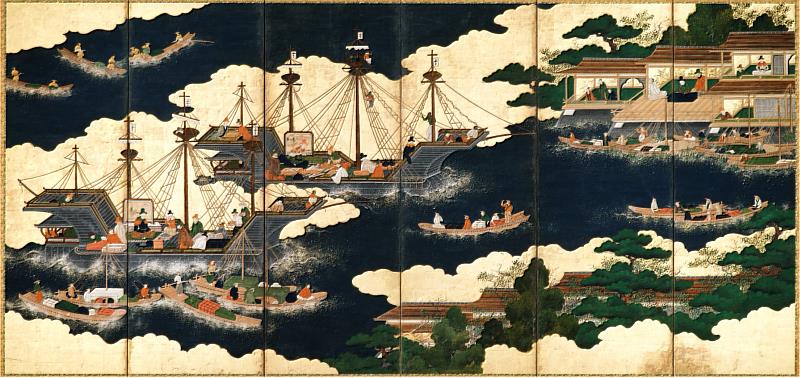 日本國立歷史民俗博物館「南蠻人來朝圖屏風」-左。