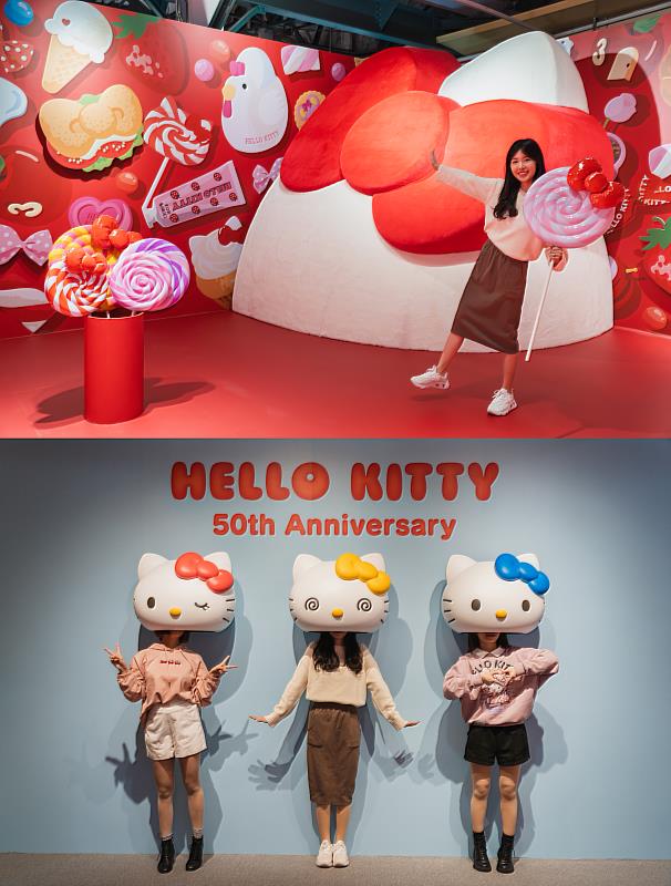 (上圖)超巨大Hello Kitty立體裝置拍照區(下圖)「百變互動區」裡戴上Hello Kitty可愛表情頭套，一起趣味合照