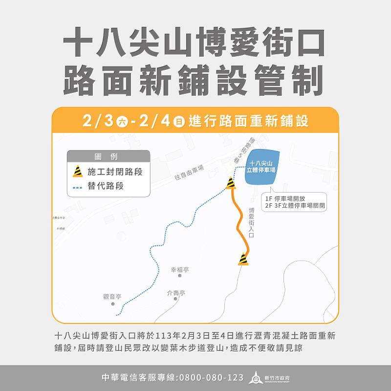 竹市十八尖山路面優化再升級！ 博愛街入口2/3-4封閉施工 市府提醒用路人提前改道