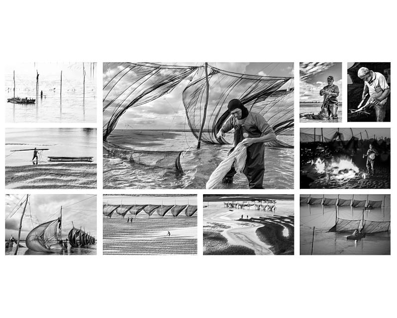 劉萬方本次展出作品《過往歲月》，以寫實攝影風格，展現漁民捕捉鰻苗的黑白影像。紀錄漁民刻苦勞動求溫飽的動人精神，也傳達由汙染到淤積等變遷，亦將使捕鰻苗事業走向消失。