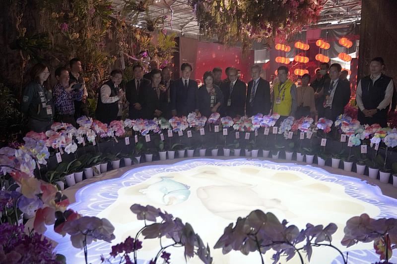 賴副總統與來賓參觀以奈米技術噴染的蘭花