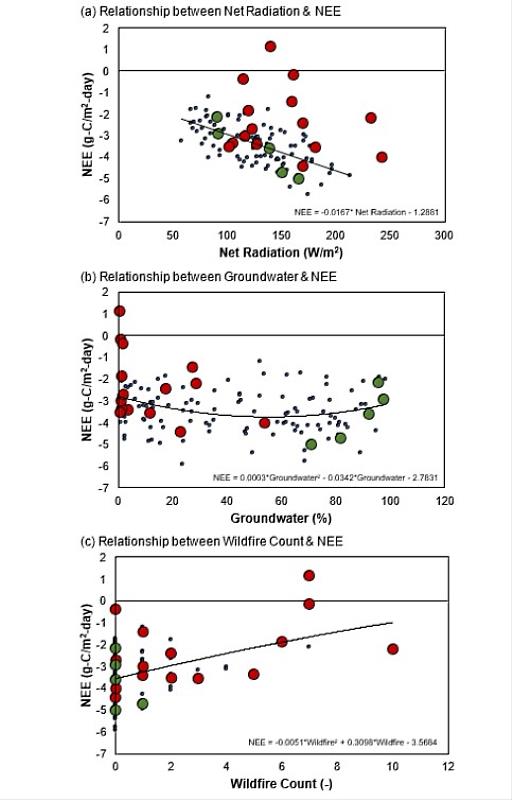森林生態系統淨碳交換量 (NEE) 與淨輻射之關係圖 (a)、與地下水位變動之關係 (b)、與林火發生次數之關係圖 (c)。紅點代表乾旱事件、綠點代表多雨事件。