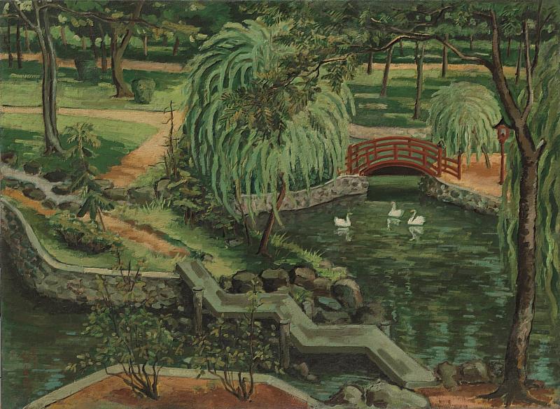 翁崑德，〈公園(橋2)〉，1943年，油彩、畫布，72.3_x_99公分。