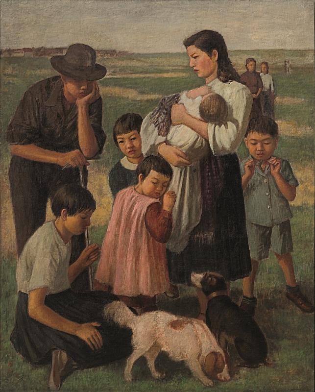 李梅樹，〈郊遊〉，1948年，油畫，162_x_130_cm。