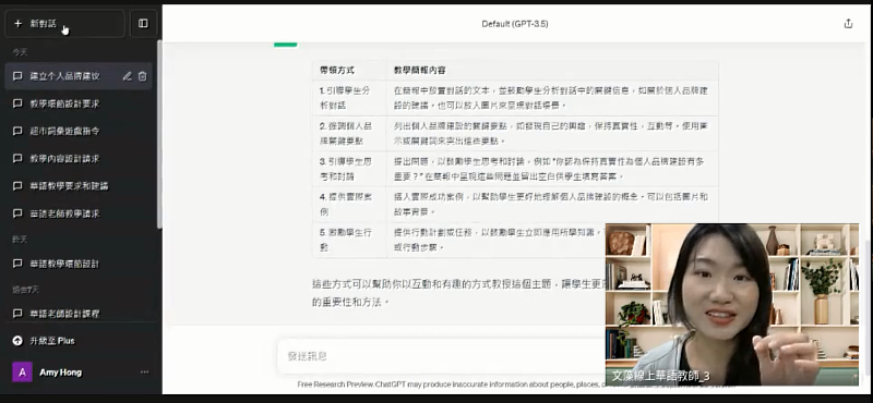 團隊的培訓執行洪安萱老師於AI工作坊中分享運用ChatGPT幫助教師備課的技巧。