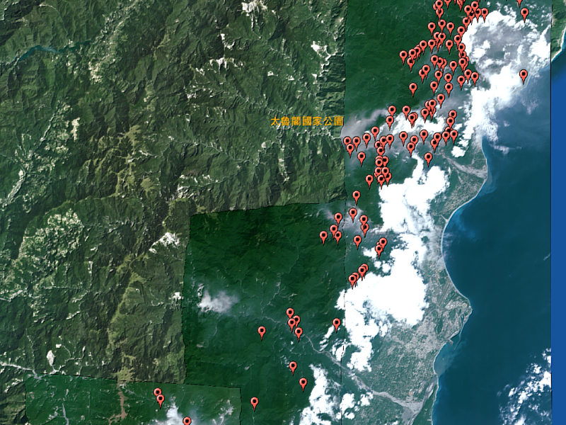 花蓮地區4月3日Pleiades超高解析衛星影像及分析所得山區疑似崩塌變異點。照片太空及遙測研究中心提供