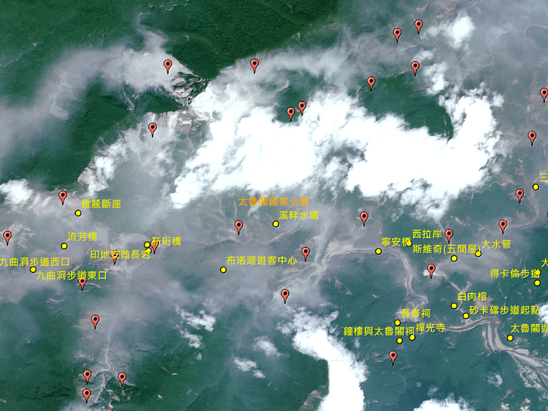 Pleiades影像上太魯閣國家公園景點災害點位。照片太空及遙測研究中心提供