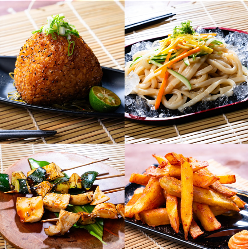 圖2. 「擺渡人29!」日式烤飯糰(左上)、日式胡麻冷烏龍麵(右上) 、烤時蔬(左下)、酥炸薯條(右下)