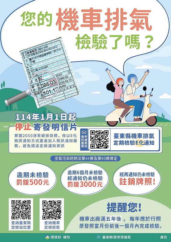 守護全臺最優空氣品質 臺東縣府提醒機車滿5年就要開始定檢  以免受罰