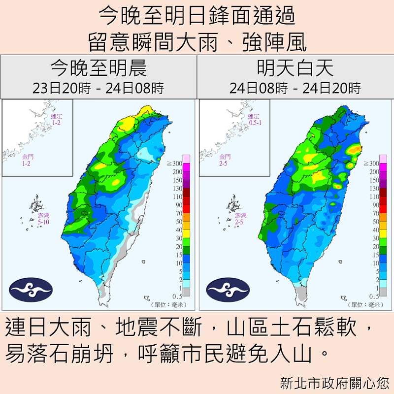 根據中央氣象署預報，本週受鋒面接近影響，今(23)日至下週一(29日) 環境不穩定且水氣多，易有短延時強降雨發生，降雨熱區在本市北海岸地區、淡水、林口、五股、泰山、蘆洲及三重等地區，預估雨勢可達大雨等級。