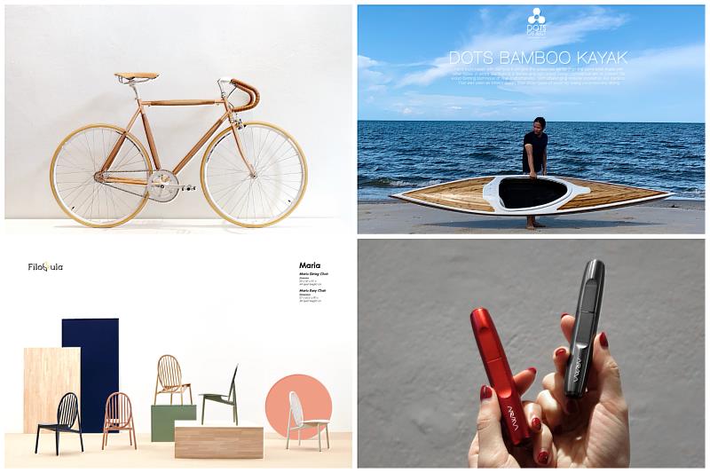 泰國Dots Design Studio作品：（左上起至右下）木作自行車設計、獲2023金點設計獎的竹製獨木舟、為Filobula設計系列家具、為ARMA設計文具。