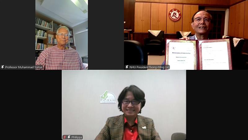 The signing ceremony of Bangladesh Yunus Centre, Nanhua University and the Foundation for Yunus Social Business Taiwan via video conference.
