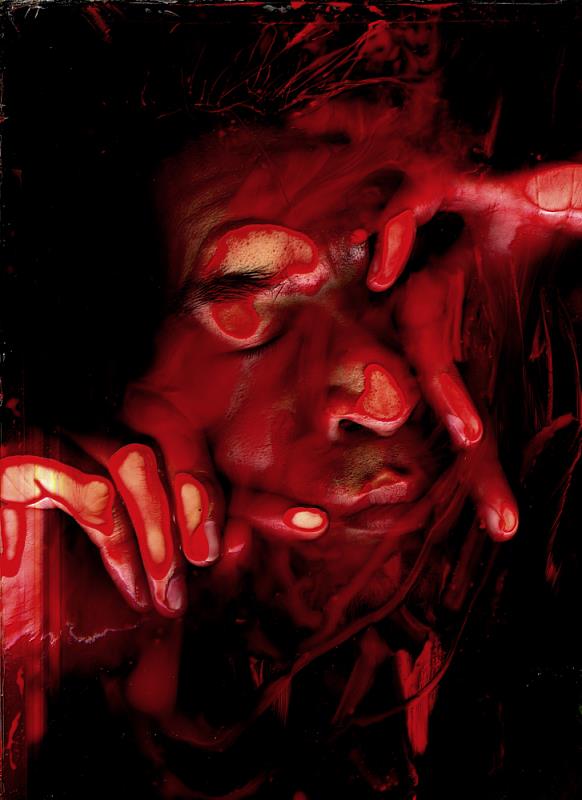 黃博志〈紅色自畫像二號〉，利用掃描機原理將自我容顏成形，以微觀尺度逼視自我的扭曲形體。黃博志〈自畫像紅二號〉，2007，藝術家授權。